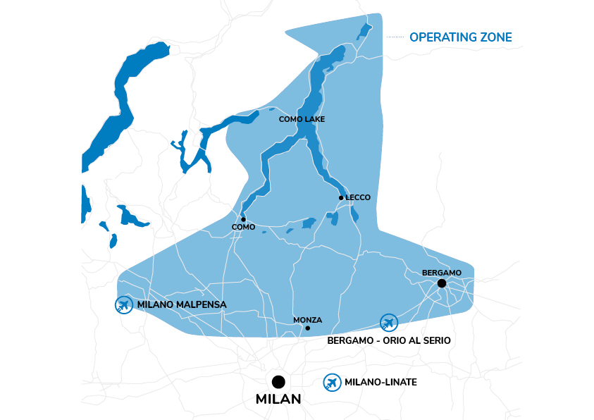 zone operative taxi Côme et region du lac de Côme vers l'aéroport de Bergamo Orio al Serio